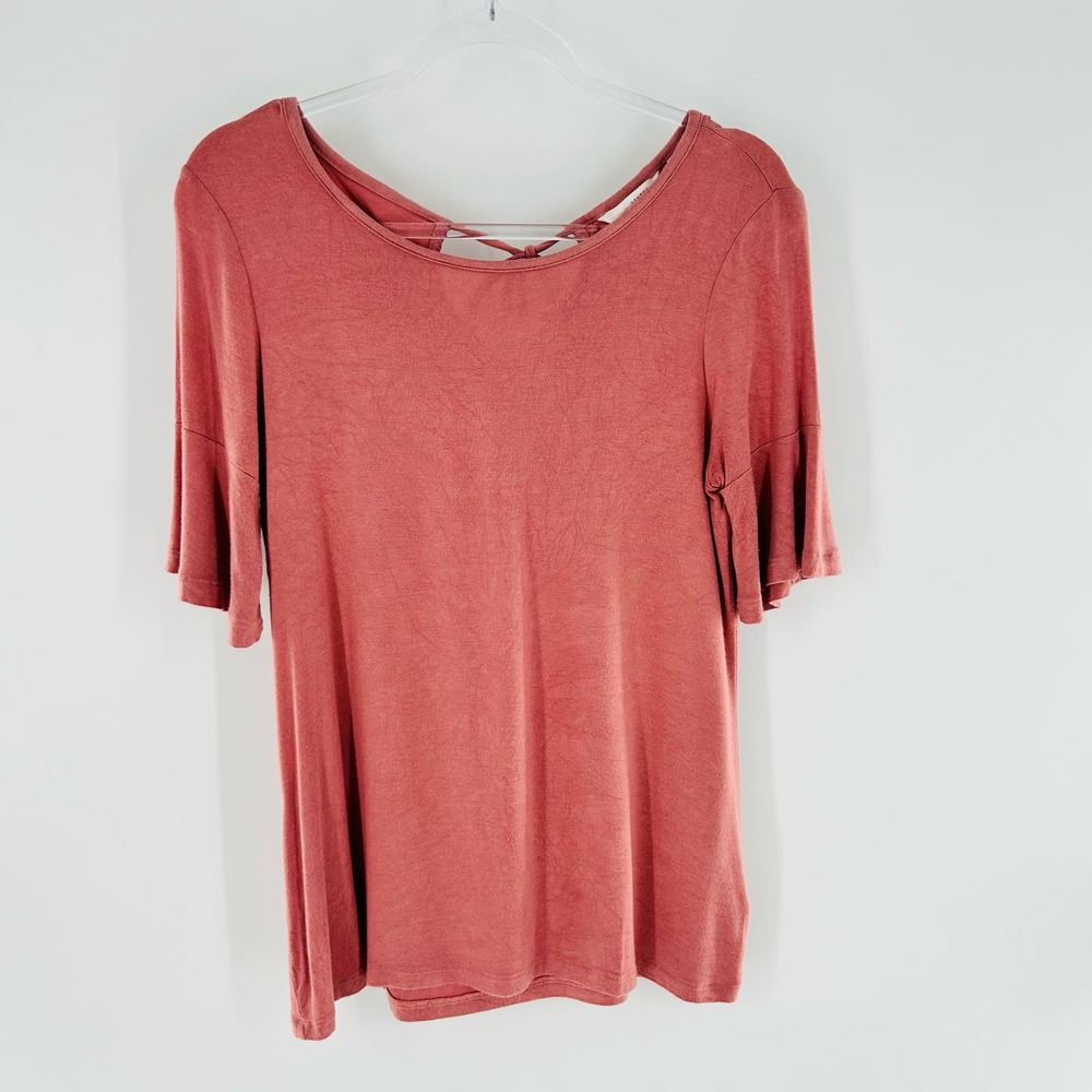 LC Lauren Conrad Solid Pink Bell Sleeve Scoop Neck Tie Back Blouse Small